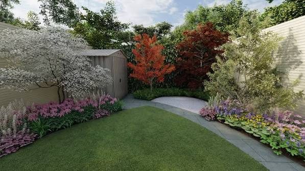 Landscaped garden with lawn, mature planting and shed