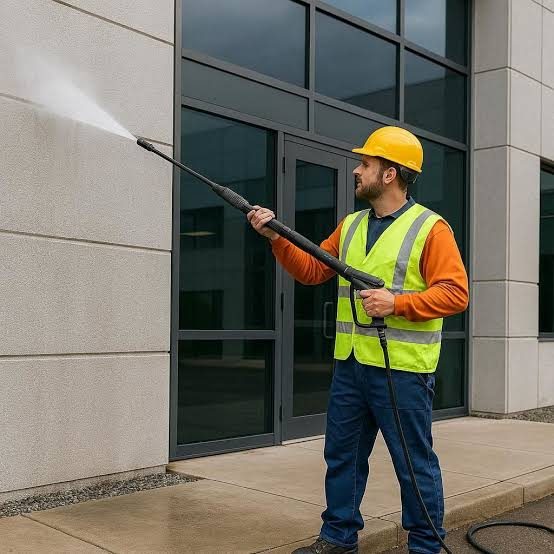 Soft wash cleaning being applied to a rendered exterior wall